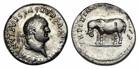 Titus (79-81). AR Denarius (18mm, 3.18g, 6h). Rome, AD 80. Laureate head r. R/ Elephant, wearing armor, walking left on exergual line. RIC II 115; RSC...