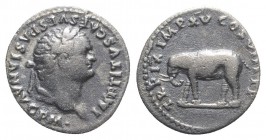 Titus (79-81). AR Denarius (19mm, 3.26g, 6h). Rome, AD 80. Laureate head r. R/ Elephant, wearing armor, walking left on exergual line. RIC II 115; RSC...