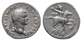 Domitian (Caesar, 69-81). AR Denarius (18mm, 2.61g, 5h). Rome, 77-8. Laureate head r. R/ Soldier on horseback rearing r., raising right hand. RIC II 9...