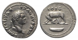 Domitian (Caesar, 69-81). AR Denarius (19mm, 2.98g, 6h). Rome, AD 77-8. Laureate head r. R/ She-wolf l., head r., suckling the twins Remus and Romulus...