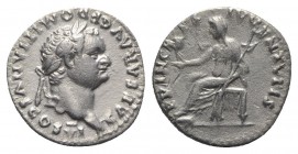 Domitian (Caesar, 69-81). AR Denarius (17mm, 2.94g, 6h). Rome, AD 79. Laureate head r. R/ Vesta seated l., holding palladium and sceptre. RIC II 1087 ...