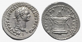 Domitian (Caesar, 69-81). AR Denarius (19mm, 3.25g, 6h). Rome, 80-1. Laureate head r. R/ Garlanded and lighted altar. RIC II 266 (Titus); RSC 397a. Ab...