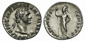 Domitian (81-96). AR Denarius (20mm, 3.10g, 6h). Rome, AD 86. Laureate bust r. R/ Minerva standing l., holding spear. RIC II 441; RSC 201. Good VF