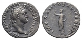 Domitian (81-96). AR Denarius (18mm, 3.46g, 6h). Rome, 92-3. Laureate head r. R/ Minerva standing l., holding spear. RIC II 742; RSC 278. Toned, VF