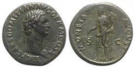 Domitian (81-96). Æ As (27mm, 13.53g, 6h). Rome, AD 84. Laureate bust r., wearing aegis. R/ Moneta standing l., holding scales and cornucopia. RIC II ...