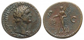 Domitian (81-96). Æ As (27mm, 9.43g, 6h). Rome, AD 85. Laureate bust r., wearing aegis. R/ Victory advancing l., holding round shield inscribed S P/Q ...