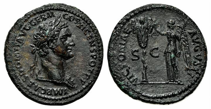 Domitian (81-96). Æ As (29mm, 10.73g, 6h). Rome, AD 85. Laureate bust r., wearin...