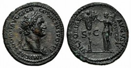 Domitian (81-96). Æ As (29mm, 10.73g, 6h). Rome, AD 85. Laureate bust r., wearing aegis. R/ Victory standing l., holding palm frond and inscribing shi...