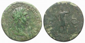 Domitian (81-96). Æ Sestertius (35mm, 24.83g, 6h). Rome, AD 86. Laureate bust r., wearing aegis. R/ Domitian standing l., holding parazonium and scept...