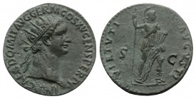 Domitian (81-96). Æ Dupondius (27mm, 11.25g, 6h). Rome, 90-1. Radiate head r. R/ Virtus standing r., holding spear and parazonium. RIC II 706. Green p...