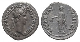 Nerva (96-98). AR Denarius (19mm, 3.16g, 6h). Rome, AD 97. Laureate head r. R/ Libertas standing l., holding pileus and sceptre. RIC II 19; RSC 113. D...