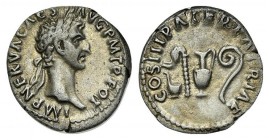 Nerva (96-98). AR Denarius (18mm, 3.29g, 6h). Rome, AD 97. Laureate head r. R/ Simpulum, sprinkler, ewer, and lituus. RIC II 24; RSC 48. Toned, VF