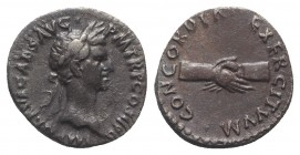 Nerva (96-98). AR Denarius (18mm, 3.51g, 7h). Rome, AD 97. Laureate head r. R/ Clasped right hands. RIC II 26; RSC 22. Dark patina, VF