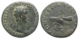 Nerva (96-98). Æ As (27mm, 11.85g, 6h). Rome, AD 96. Laureate head r. R/ Clasped hands. RIC II 6. Green patina, near VF