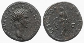Nerva (96-98). Æ Dupondius (27.5mm, 15.25g, 6h). Rome, AD 96. Radiate head r. R/ Libertas standing l., holding pileus and vindicta. RIC II 65. Roughne...