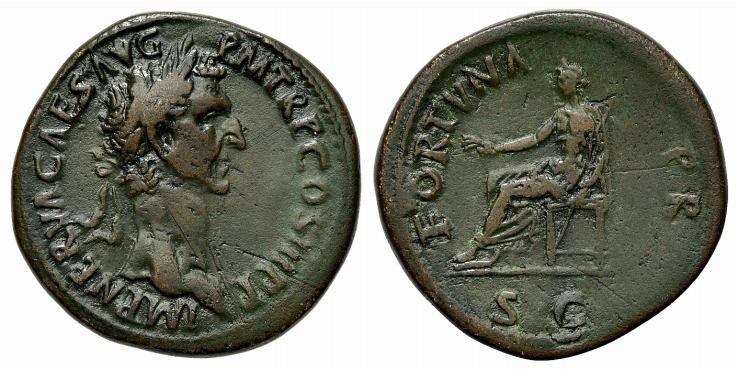 Nerva (96-98). Æ Sestertius (35mm, 26.43g, 6h). Rome, AD 97. Laureate head r. R/...