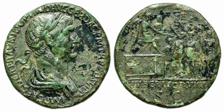 Trajan (98-117). Æ Sestertius (33mm, 24.59g, 6h). Rome, 114-6. Laureate and drap...