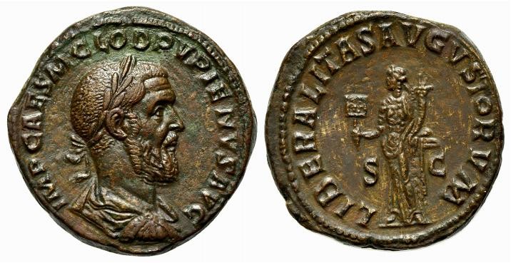 Pupienus (AD 238). Æ Sestertius (31mm, 21.89g, 2h). Rome. Laureate, draped and c...