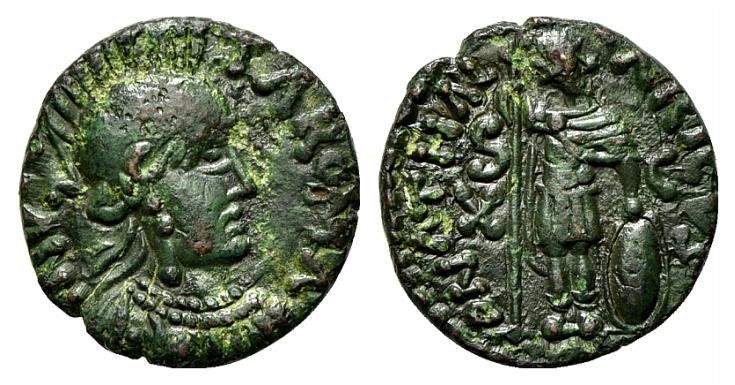 Ostrogoths, Athalaric (526-534). Æ 10 Nummi (16mm, 2.12g,6h). Rome. Helmeted bus...