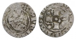 Italy, L'Aquila. Giovanna II di Durazzo (1414-1435). AR Bolognino (14mm, 0.59g). A Q L A. R/ Facing bust of S. Celestino. Biaggi 106. Near VF