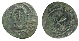 Italy, Papal States. Rome, Senate, 1184-1347. BI Picciolo (13mm, 0.59g, 1h). Facing Christ head. R/ Cross keys. Biaggi 2123. Rare, green patina, VF