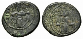 Italy, Sicily, Messina, Ruggero II (1105-1130). Æ Double Follaro (19mm, 5.18g, 6h). Christ enthroned facing. R/ Ruggero standing facing, holding scept...