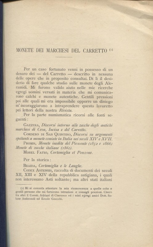 GAVAZZI G. – Monete dei Marchesi del Carretto. S.l., s.d. Pp. 67-85, ill. nel te...