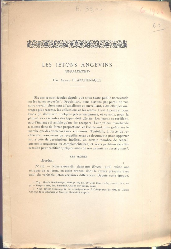 PLANCHENAULT A. - Les jeton angevins (supplément). Grenoble, 1906. pp. 407 -420....