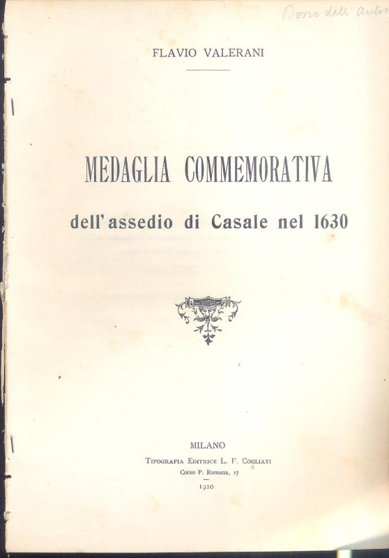 VALERANI F. - Medaglia commemorativa dell'assedio di Casale nel 1630. Milano, 19...