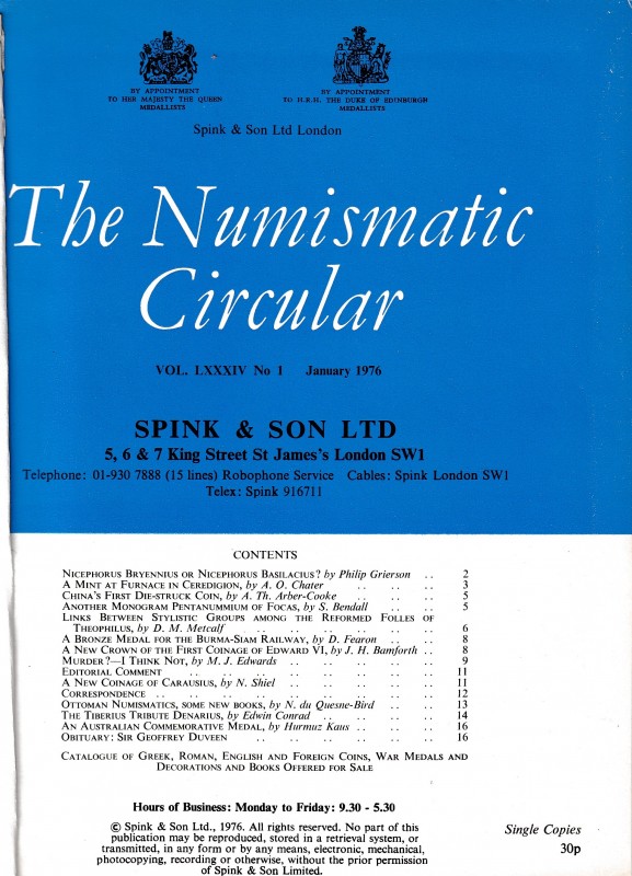 Numismatic Circular Vol. LXXXIV, 1976. Spink & Son. Nos. 1-12, January-December....