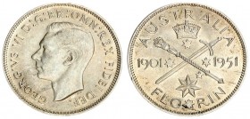 Australia 1 Florin 1951(m) 50th Year Jubilee. Averse: Head left. Reverse: Crowned crossed scepter and sword divide Jubilee dates. Edge Description: Re...
