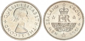 New Zealand 1 Crown 1953 Queen Elizabeth II Coronation. Averse: Laureate bust right. Reverse: Crow. Copper-Nickel. KM 30