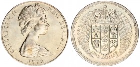 New Zealand 1 Dollar 1972 Averse: Young bust right. Reverse: Crowned shield within silver fern leaves. Edge Description: Reeded. Copper-Nickel. KM38.2