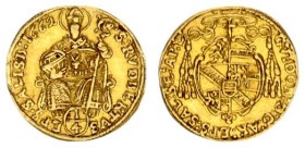 Austria 1/4 Ducat 1662. Guidobald von Thun. Obv: Arms in baroque frame. Rev: St Rupert sitting facing with salt boxe and crozier; value below; date at...
