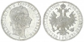 Austria 1 Florin 1860 A Vienna. Franz Joseph I (1848-1916). Averse: Laureate head right. Reverse: Crowned imperial double eagle. Silver. KM 2219