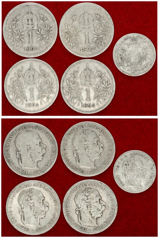 Austria 10 Kreuzer 1872 & 1 Corona 1893-1895. Franz Joseph I(1848-1916). Silver....