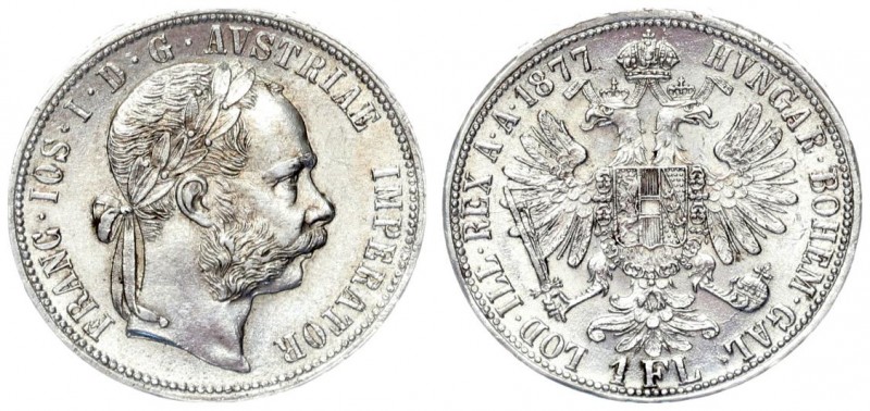 Austria 1 Florin 1877 Vienna. Franz Joseph I (1848-1916). Averse: Laureate head ...