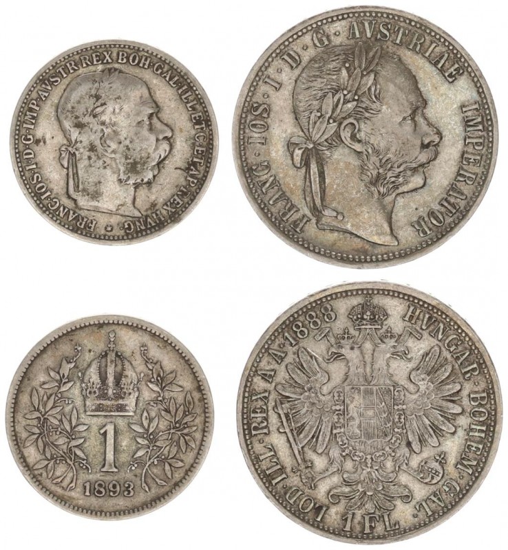 Austria 1 Florin 1888 & 1 Corona 1893. Franz Joseph I (1848-1916). (1 Florin 188...