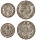 Austria 1 Florin 1888 & 1 Corona 1893. Franz Joseph I (1848-1916). (1 Florin 1888 KM 2222; Austria 1 Corona 1893 KM 2804). Silver. Lot of 2 Coins
