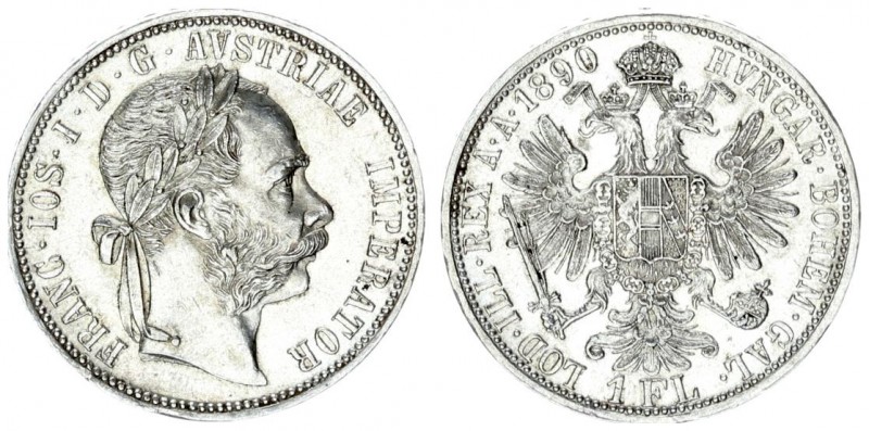 Austria 1 Florin 1890 Vienna. Franz Joseph I (1848-1916). Averse: Laureate head ...