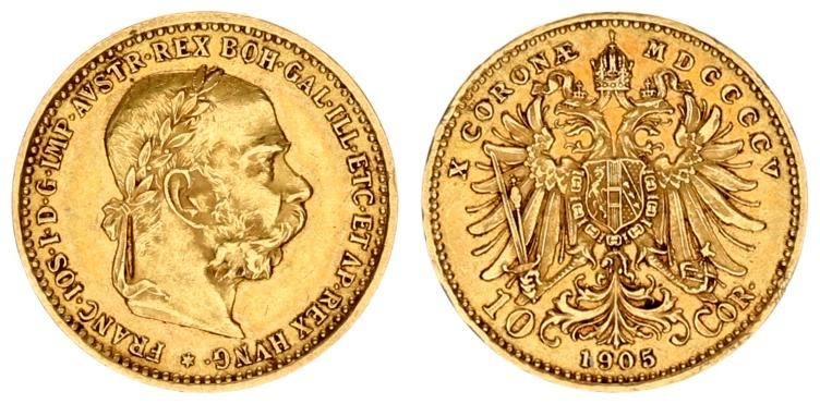 Austria 10 Corona 1905 - MDCCCCV Vienna Franz Joseph I(1848-1916). Averse: Laure...
