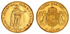 Austria Hungary 10 Korona 1910 KB Kremnitz. Franz Joseph I(1848-1916). Averse: Emperor standing. Reverse: Crowned shield with angel supporters. Gold. ...