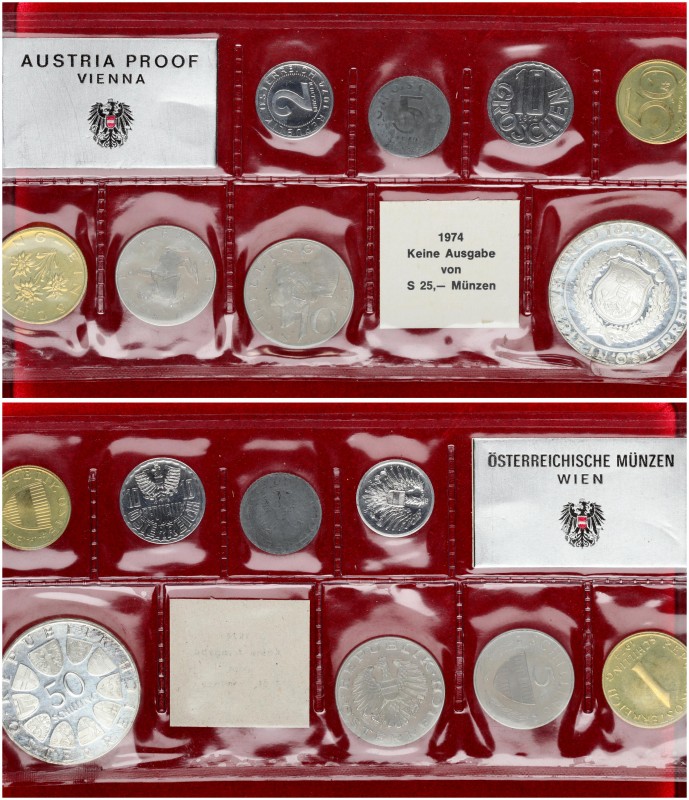 Austria 1974 Lot of 8 Coins. 2-50 Groschen; 1- 50 Schilling. 1974. Silver; Alumi...