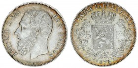 Belgium 5 Francs 1875 Leopold II (1865-1909). Averse: Smaller head engraver's name near rim below truncation. Averse Legend: LEOPOLD II ROI DES BELGES...