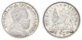 Ethiopia 1 Gersh 1889 A Paris. Menelik II(1889-1913). Averse: Crowned bust right. Reverse: Crowned lion left left foreleg raised holding ribboned cros...