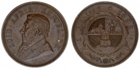 South Africa 1 Penny 1892 Averse: Bust left. Averse Legend: ZUID AFRIK.REPUBLIEK. Reverse: Arms within design. Bronze. KM 2