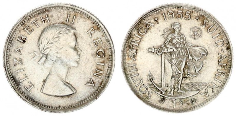 South Africa 1 Shilling 1955 Averse: Laureate head right. Reverse: Standing fema...