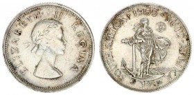 South Africa 1 Shilling 1955 Averse: Laureate head right. Reverse: Standing female figure leaning on large anchor. Silver. KM 49