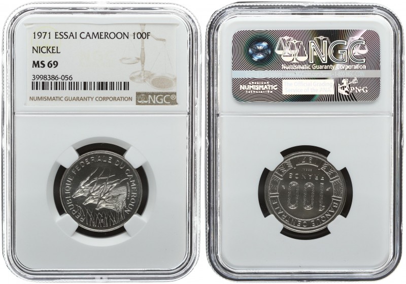 Cameroon Essai 100 Francs 1971 Paris. Averse: Three giant eland left. Reverse: D...