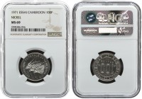 Cameroon Essai 100 Francs 1971 Paris. Averse: Three giant eland left. Reverse: Denomination date above. Edge Description: Reeded. Nickel. KM E13. NGC ...